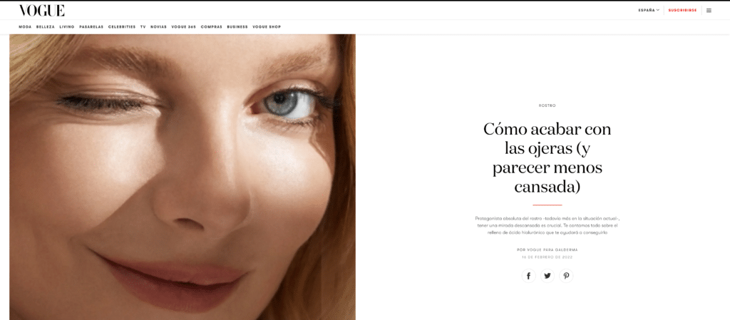 Captura del reportaje online para Vogue España sobre tratamientos antiojeras